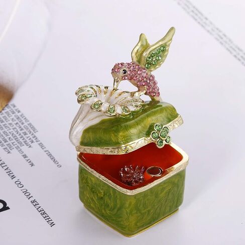 Hand Painted Enamel Hinged Trinket Box, Unique Mini Ring Necklace Jewelry Organizer, Classical Antique Bejeweled Storage, Figurine Collectible Keepsake Home Decor (Hummingbird on Box) in Saudi Arabia