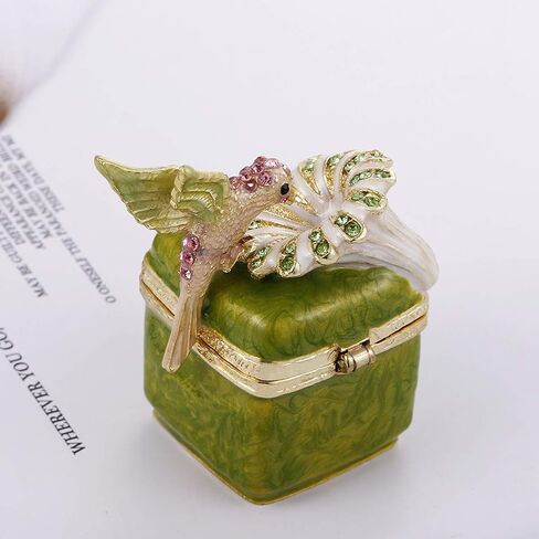 Hand Painted Enamel Hinged Trinket Box, Unique Mini Ring Necklace Jewelry Organizer, Classical Antique Bejeweled Storage, Figurine Collectible Keepsake Home Decor (Hummingbird on Box) in Saudi Arabia