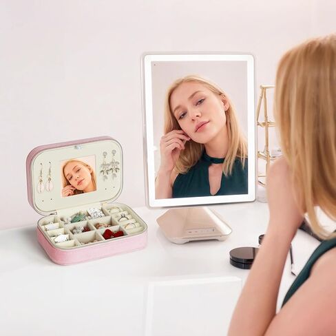 صندوق مجوهرات الفانيلا ، علبة مجوهرات السفر مع المرآة ، سفر منظم المجوهرات الصغيرة المحمولة لأقراط مسمار ، حلقات ، قلادات ، أساور ، 6.3 "× 4.5" × 2 "، الأخضر in Kuwait