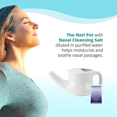 ANCIENT SECRETS Neti Pot & Nasal Cleansing Salt Set - Nasal Irrigation System, Ceramic Nasal Cleansing Pot + Non-Iodized Pure Salt, Sinus Relief, Allergy Nasal Spray Alternative (2 Piece Set) in Kuwait