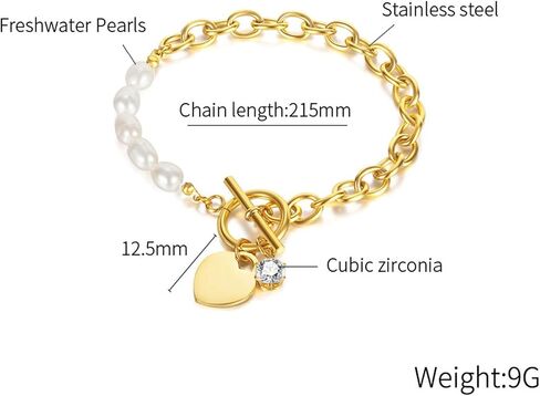Fashion Stainless Steel Faux Pearl Cubic Zirconia Heart Charm Link Chain Bracelet in Saudi Arabia
