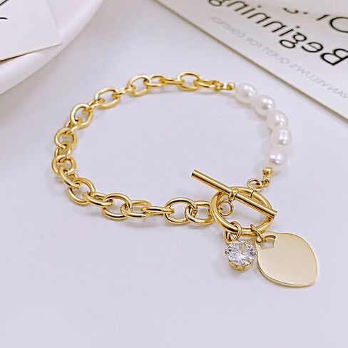 Fashion Stainless Steel Faux Pearl Cubic Zirconia Heart Charm Link Chain Bracelet in Saudi Arabia