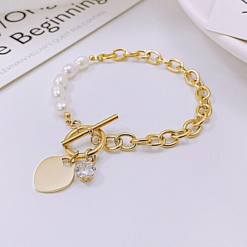 Fashion Stainless Steel Faux Pearl Cubic Zirconia Heart Charm Link Chain Bracelet in Saudi Arabia