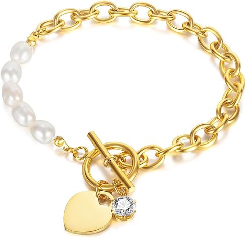 Fashion Stainless Steel Faux Pearl Cubic Zirconia Heart Charm Link Chain Bracelet in Saudi Arabia