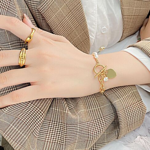 Fashion Stainless Steel Faux Pearl Cubic Zirconia Heart Charm Link Chain Bracelet in Saudi Arabia