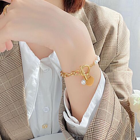 Fashion Stainless Steel Faux Pearl Cubic Zirconia Heart Charm Link Chain Bracelet in Saudi Arabia