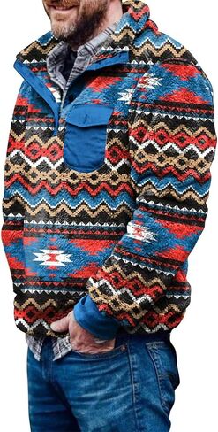 Beotyshow Mens Aztec Fleece Jackets Fuzzy Sherpa Pullover Sweatshirts Winter Coats Western Vintage Sweaters with Pocket in Kuwait