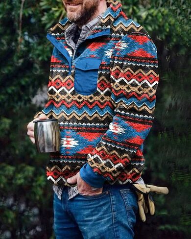 Beotyshow Mens Aztec Fleece Jackets Fuzzy Sherpa Pullover Sweatshirts Winter Coats Western Vintage Sweaters with Pocket in Kuwait