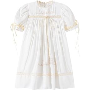 Girl Dress, Embroidered Floral Heirloom, Lace Crew Collar, Puff Sleeve, Cotton Kids Casual Clothing