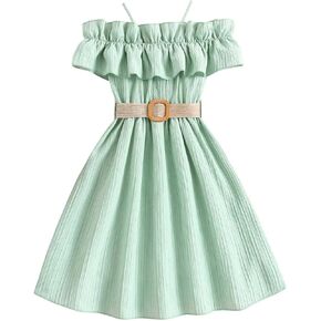 WDIRARA Girl's Cold Shoulder Ruffle Trim Short Sleeve Belted Flared A Line Dress