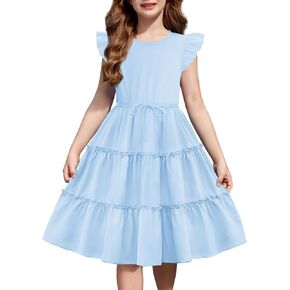 Arshiner Girl's Summer Dress Ruffle Sleeve Tiered Casual Party Dresses with Pockets 5-12 Years