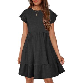 HOSIKA Girls Summer Dress Short Sleeve A-Line Ruffle Tiered Casual Dress with Pockets for 6-12 Years