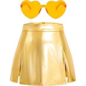 Girls Metallic Skirts A-Line with Inner Shorts Shiny Skater Skirt Hot Festaval Outfit with Accessories