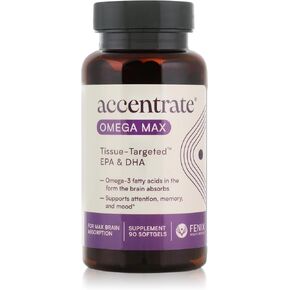 Accentrate Omega Max W/Lysoveta LPC | مكملات EPA و DHA لصحة الدماغ | التركيز ، الذاكرة ، والمزاج | 6x امتصاص أفضل من زيت السمك | مكملات الأحماض الدهنية أوميغا 3 | 90 Softgels (شهر)