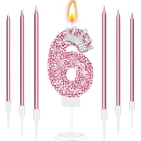 MTLEE Number 6 Candle for Birthday Cake Girl, Pink Crown Glitter 6th Candle Cake Topper with Sequins for Princess Party Decoration Favor Supplies