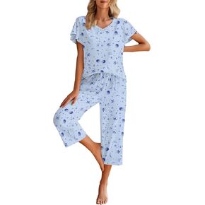 Ekouaer Womens Cotton Pajamas مجموعات قمم قصيرة الأكمام و Capri Pants ملابس النوم مع جيوب