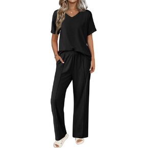 بيجامات Ekouaer للنساء مجموعة 2 قطعة قصيرة الأكمام مع السراويل الطويلة ضد الرقبة ناعمة PJS صالة عرضية مع جيوب in Kuwait