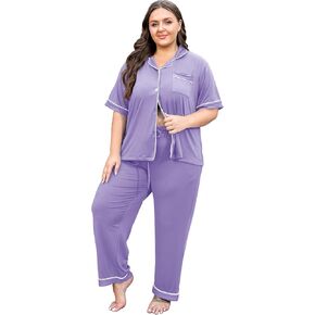 Vozanet Women's Plus Pajamas زر أسفل القميص والسراويل الصالة الناعمة مجموعات Bride Lighty Bottom مع جيوب 1x إلى 5x
