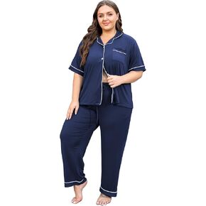 Vozanet Women's Plus Size Pajamas Button Down Shirt and Pants Soft Lounge Sets Bride Nighty Bottom with Pockets 1x to 5x in Kuwait