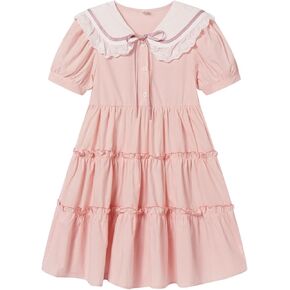 Littlespring Girls School Uniform Dresses Peter Pan Collar فستان قصير الأكمام