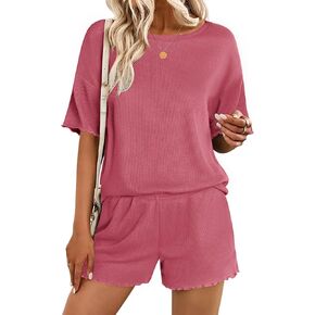 Ekouaer Lounge Sets for Women Waffle Knit Pajama Set Shorts 2 Piece Matching Loungewear Summer Outfits with Pockets