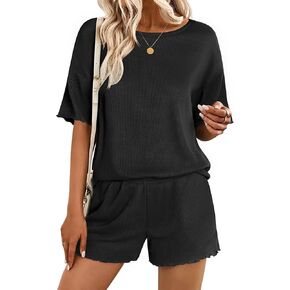 مجموعات صالة Ekouaer للنساء Waffle Knit Pajama مجموعة شورتان 2 قطعة مطابقة ملابس الصيف مع جيوب in Kuwait