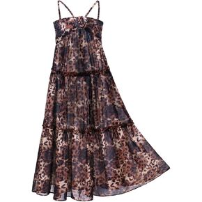 WELAKEN Kid Girls' Floral Dress Flowy Summer Chiffon Spaghetti Straps Ruffle Sundress