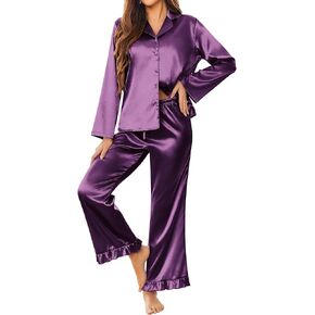 Ekouaer Silk Satin Pajamas Set Womens Long Sleepwear Button Down 2 Piece Classic Soft Loungewear Pjs Set
