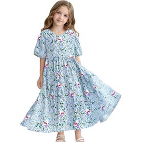 Girls Summer Maxi Dress Boho Flowy Tiered Beach Sundress Holiday Dresses 3-12Y