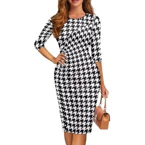 Vintage Houndstooth Dresses for Women 1950s Dres Audrey Style Dresses Elegant Midi Dress Retro Dress