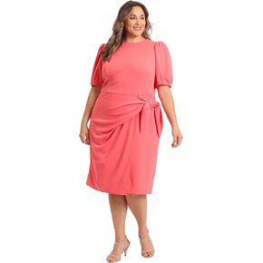 London Times Women's Plus Size Puff Sleeve Side Tie Faux Wrap Crepe Dress Career Wear to Work Desk to Dinner Guest of
