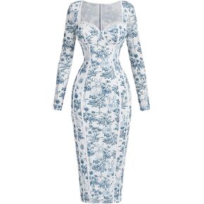MakeMeChic Women's Floral Print Sweetheart Neck Pencil Dress Long Sleeve Bodycon Midi Dresses