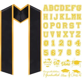 Class of 2025 Unisex Adult Plain Graduation Stole with Letter A-Z to Number 0-9 Graduation Pattern Badge Decorative Patches (Classic White, Gold)