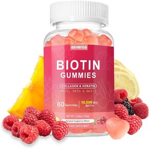 Biotin Gummies 10000mcg Keratin Collagen Supplement, Prevents Thinning & Loss, Support Hair, Skin, Nail Growth,Non-Sticky, for Adult, Chewable Biotin, Natural Raspberry Flavor, Vitamin C, 60