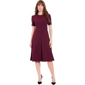 London Times Women's Short Sleeve Crepe Fit and Flare Midi with Waist Button Detail