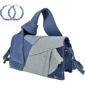 محافظ الدنيم Qzunique مجموعة للنساء الجينز Mini Handbag & Circle أقراط لفتيات Teen Top Handle Crossbody Bag (الأزرق الداكن)