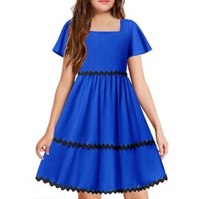 Arshiner Girls Summer Dress Flutter RIC Rac Tiered Short Sleeve Square Neck Casual Midi Dresses with Pockets