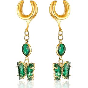 2Pcs Gold Saddle Plugs with Emerald Green Crystals, Cute Butterfly Dangling Gauges Earrings for Wedding, Surgical 316L Stainless Steel Body Piercing Tunnels Gauges for Ears