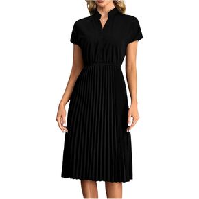 Women's Mock Neck Pleated Midi Dress Short Sleeve High Waist Flowy Work Office Dresses