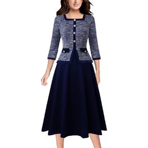 Vfshow Womens Square Neck Peplum Slim Work Office Party A-Line Midi Dress