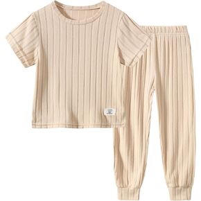 2 Piece Girl Clothes Pants Set Outfits Ribbed Knit Short Sleeve T-Shirt and Active Sweatpants Size 4-12 Years
