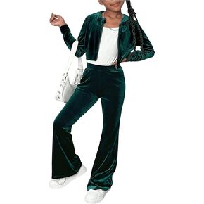 MakeMeChic Girl's 2 Piece Velvet Outfits Full Zip Long Sleeve Hooded Jacket and Flared Pants Clothing Set
