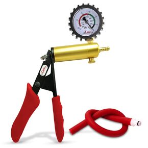 LeLuv Ultima Brass Vacuum Pump Handle - Gauge Installed with Protective Rubber Cover - Black Rubber Padded Grips, Clear Hose & Male O-Ring Fitting