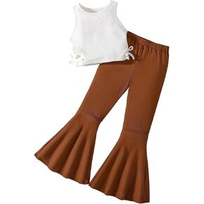 Hilinker Girl's Cute 2 Piece Sets Ribbed Twist Knot Sleeveless Tank Bell Bottom Pants Set