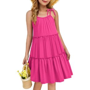 Arshiner Girl Summer Dresses Tween Boho Spaghetti Strap A-Line Swing Flowy Ruffle Tiered Sundress with Pockets