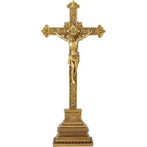 Crucifix الوقوف - 16 بوصة صليب يسوع مع قاعدة لديكور الطاولة المنزلية ، الصليب الذهبي يقف الصليب الكاثوليكي الهدايا الدينية