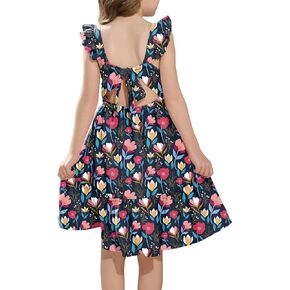 Girls Floral Dress Tie Back Flutter Sleeves Dresses Summer Casual A-Line Dress for 5-12Y