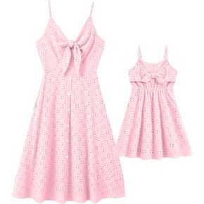 IFFEI Mommy and Me Matching Dresses Womens Eyelet Lace Midi Sundress Sleeveless Summer Dress for Casual Holiday Outfits