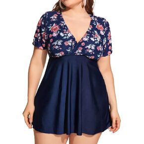 Women's Plus Size Swimsuit with Shorts Bathing Suits Two Piece Flowy Swimdress Plant Print
