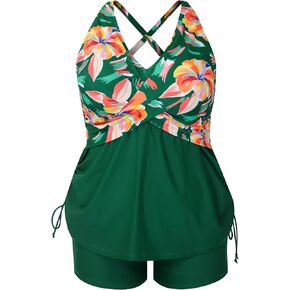 theenkoln womens plus size tankini: بدلة السباحة من قطعتين شبكية حزام الكتف الرباط بالبطن التحكم في ملابس السباحة مع السراويل القصيرة